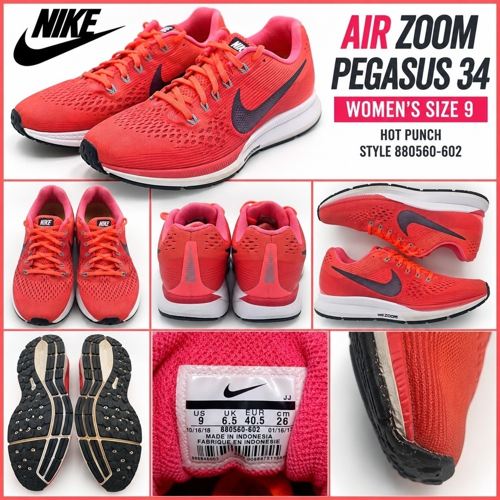 Nike Air Zoom Pegasus 34 Hot Punch Black Womens Sneaker 9 880560-602
